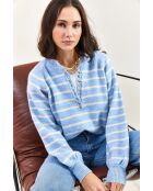 Pull à col roulé rayé avec col boutonné bleu bébé