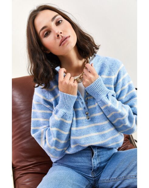 Pull à col roulé rayé avec col boutonné bleu bébé