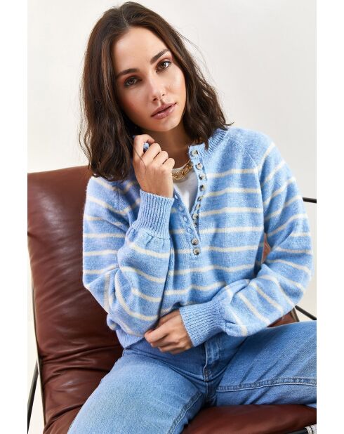 Pull à col roulé rayé avec col boutonné bleu bébé