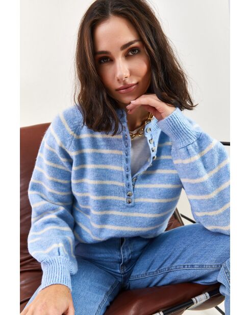 Pull à col roulé rayé avec col boutonné bleu bébé