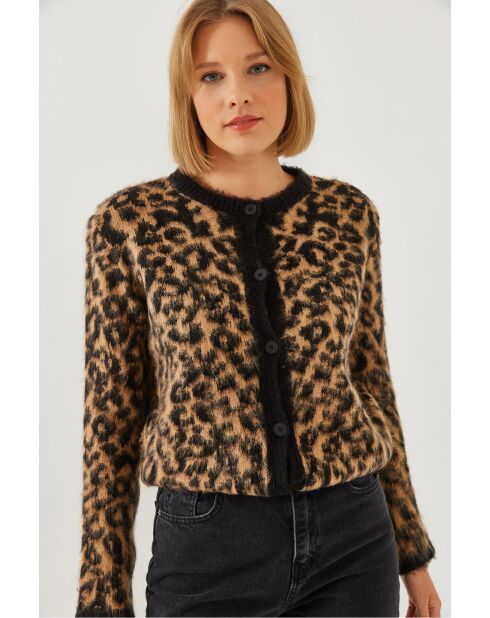 Chaleco polar con estampado de leopardo negro y camel