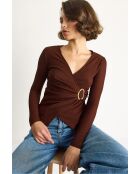 Langärmliges Top mit Wickelkragen mit braungoldenen Details