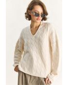 Pull oversize en maille col rond et torsades crème
