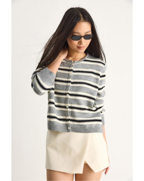 Gilet rayé à col rond gris