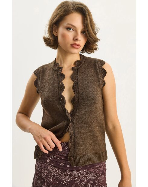 Chaleco abotonado sin mangas con estampado de encaje marrón amargo