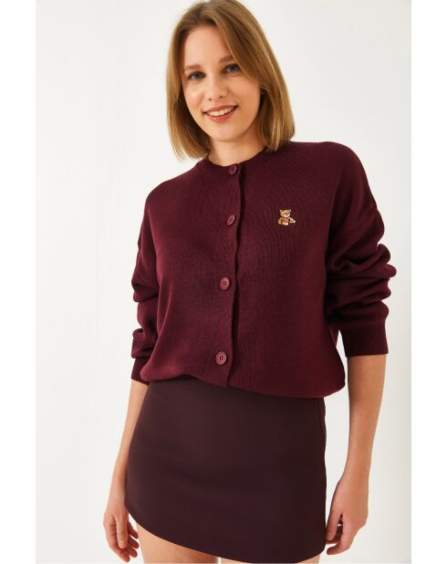 Bordeauxrood vest met geborduurde teddystof