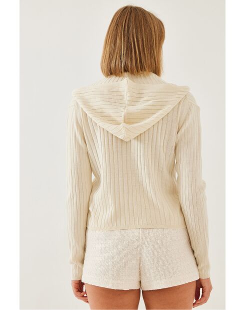 Chaleco de punto con capucha y cierre de cremallera, manga larga, color crudo