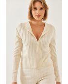 Chaleco de punto con capucha y cierre de cremallera, manga larga, color crudo