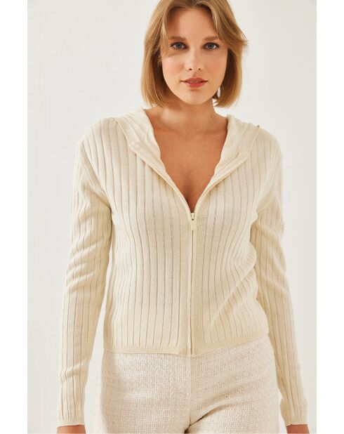 Chaleco de punto con capucha y cierre de cremallera, manga larga, color crudo