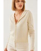 Chaleco de punto con capucha y cierre de cremallera, manga larga, color crudo