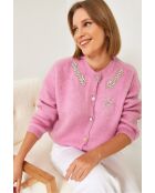 Gilet in maglia decorato con pietre foderato in morbido pile rosa