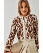 Chaleco de punto con estampado de leopardo y botones en color crudo camel