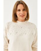 Pull en maille orné de pierres écru