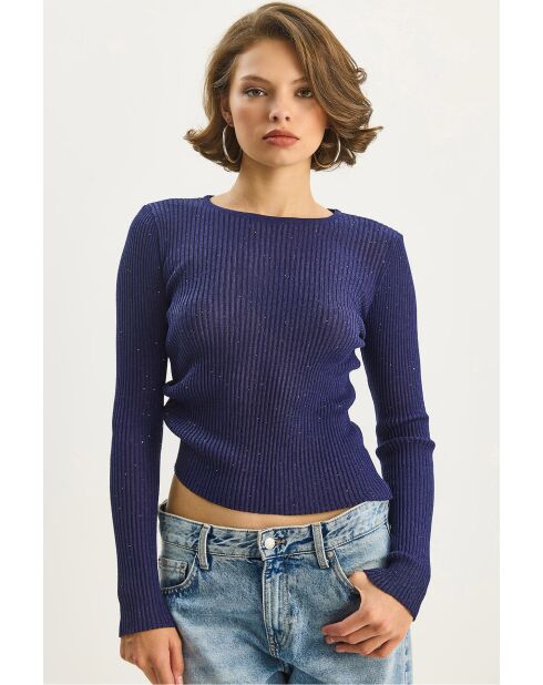 Haut en maille côtelée ajusté avec détails dorés bleu