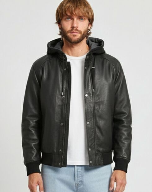 Veste en Cuir Capuche Loddy noire