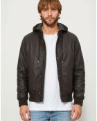 Bruine leren jas met capuchon Loddy