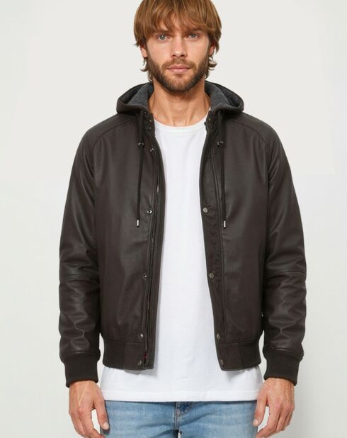 Bruine leren jas met capuchon Loddy