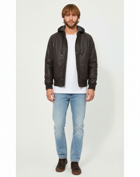 Bruine leren jas met capuchon Loddy