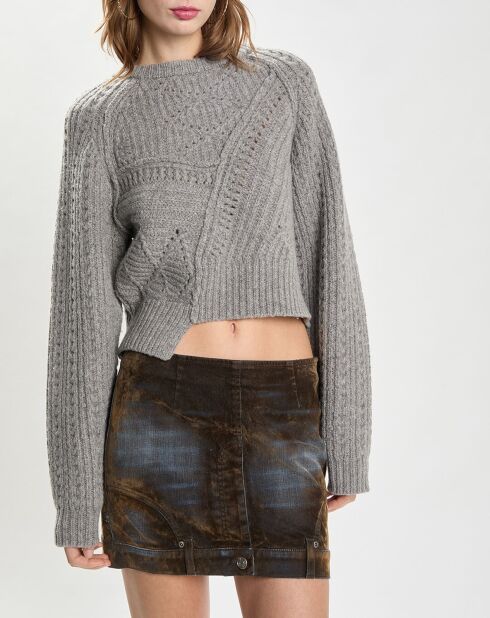 Strickpullover mit Zopfmuster aus 100% Wolle Hellgrauer Pullover