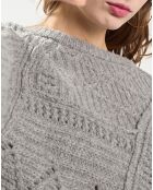 Strickpullover mit Zopfmuster aus 100% Wolle Hellgrauer Pullover