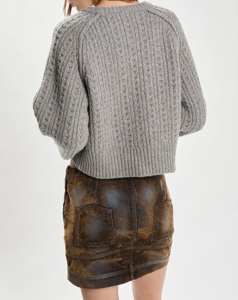 Strickpullover mit Zopfmuster aus 100% Wolle Hellgrauer Pullover