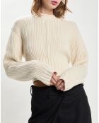 Lockerer Rippstrickpullover aus 100% Wolle, ecrufarbener Pullover