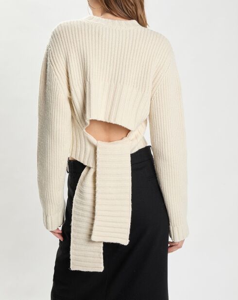 Lockerer Rippstrickpullover aus 100% Wolle, ecrufarbener Pullover