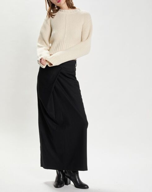 Lockerer Rippstrickpullover aus 100% Wolle, ecrufarbener Pullover