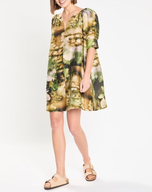 Grünes bedrucktes Serenade-Kleid aus Leinen und Seide