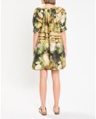 Grünes bedrucktes Serenade-Kleid aus Leinen und Seide