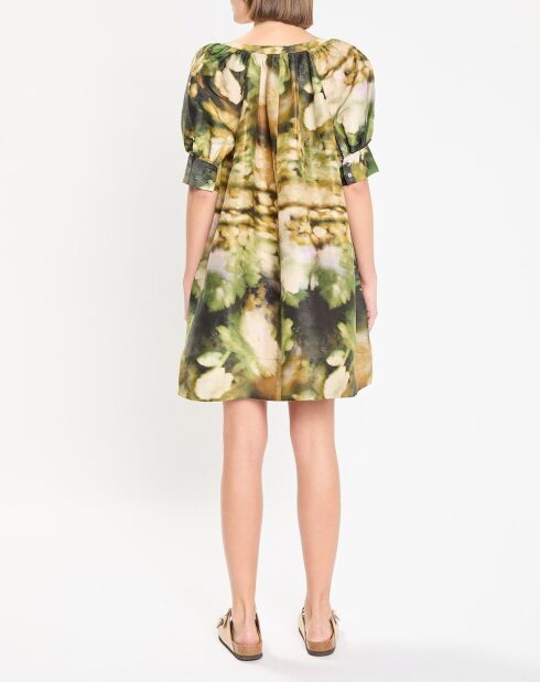 Grünes bedrucktes Serenade-Kleid aus Leinen und Seide