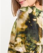 Grünes bedrucktes Serenade-Kleid aus Leinen und Seide