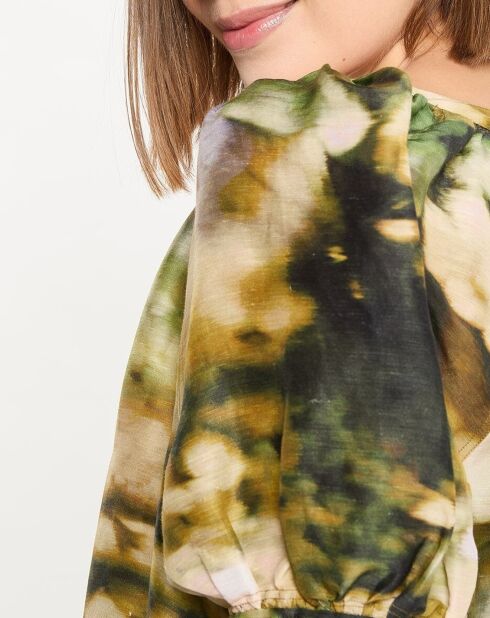 Grünes bedrucktes Serenade-Kleid aus Leinen und Seide