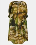 Grünes bedrucktes Serenade-Kleid aus Leinen und Seide