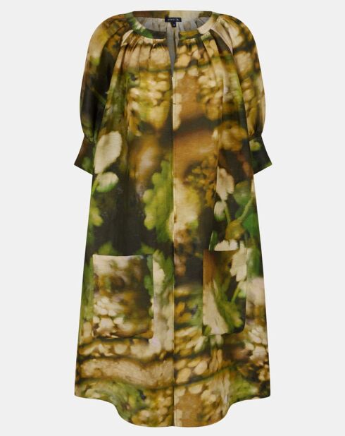 Grünes bedrucktes Serenade-Kleid aus Leinen und Seide