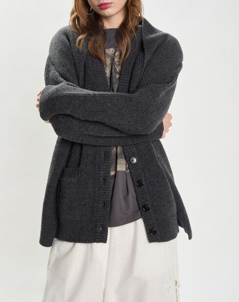 Dunkelgrauer mehrlagiger Cardigan aus 100% Wolle