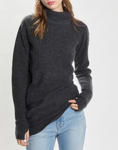 Donkergrijze, gedrapeerde gebreide trui van 100% wol