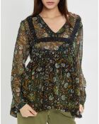 Flore blouse met zwart/smaragdgroene print