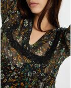 Flore blouse met zwart/smaragdgroene print