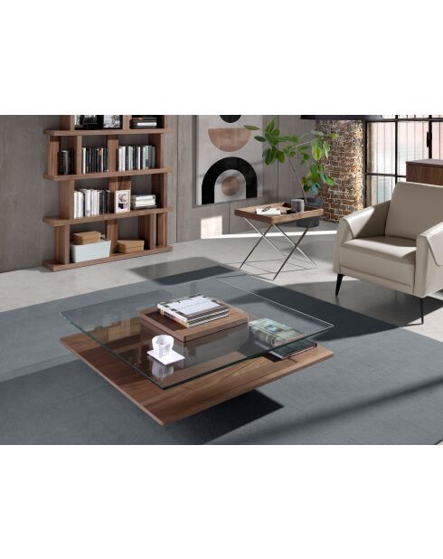 Tavolino quadrato in vetro/noce - 55x100x100 cm