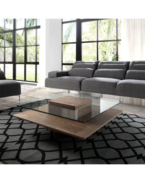 Tavolino quadrato in vetro/noce - 55x100x100 cm