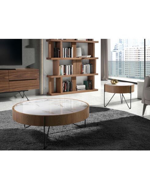 Runder Couchtisch aus Walnuss/Weiß/Schwarz - 36x81x81 cm