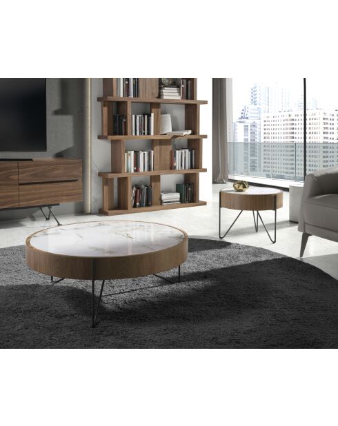 Runder Couchtisch aus Walnuss/Weiß/Schwarz - 36x81x81 cm