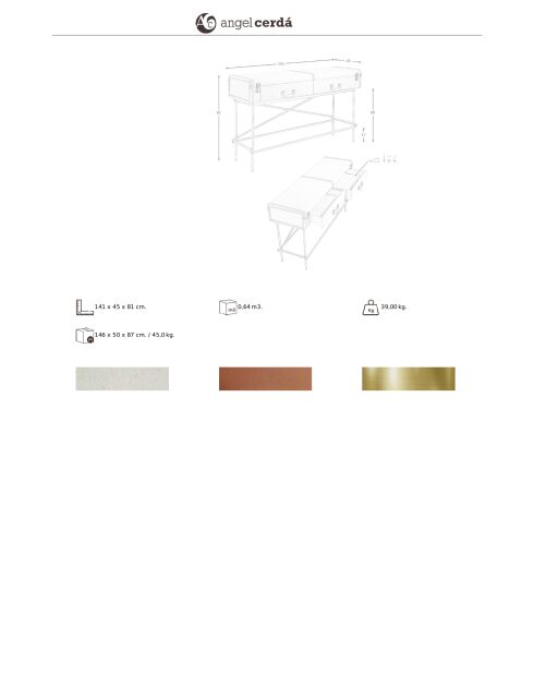 Consola rectangular gris claro/dorado - 39x141x45 cm