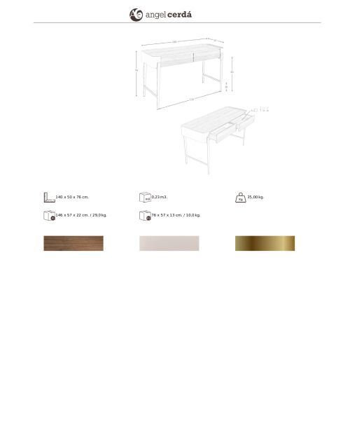Bureau  beige/or/noyer - 35x140x50 cm