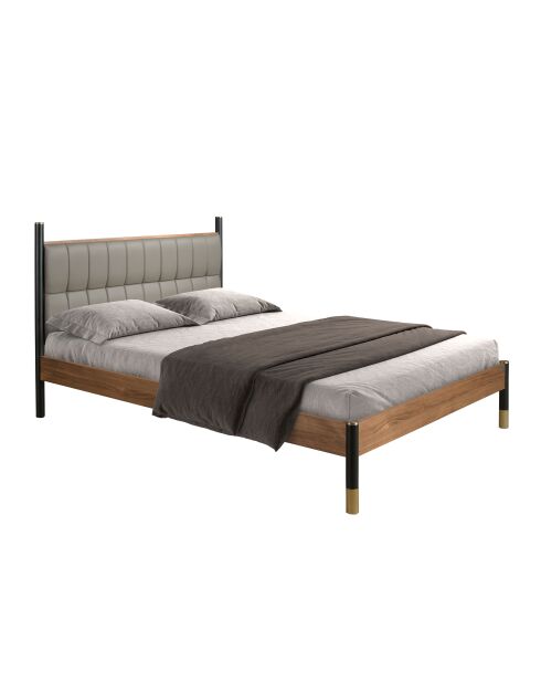 Lit double  avec tête de lit en similicuir gris foncé/noyer - 75x170x215 cm