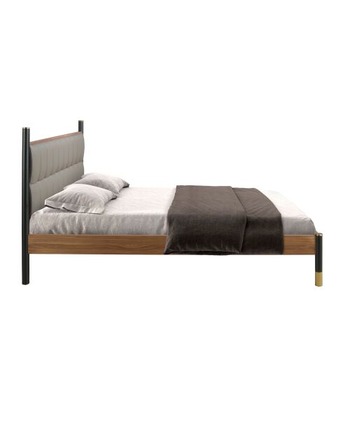 Lit double  avec tête de lit en similicuir gris foncé/noyer - 75x170x215 cm