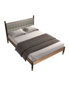 Lit double  avec tête de lit en similicuir gris foncé/noyer - 75x170x215 cm