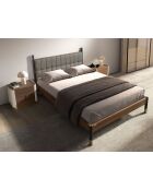 Lit double  avec tête de lit en similicuir gris foncé/noyer - 75x170x215 cm