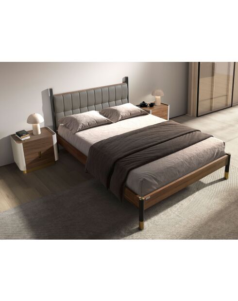 Lit double  avec tête de lit en similicuir gris foncé/noyer - 75x170x215 cm